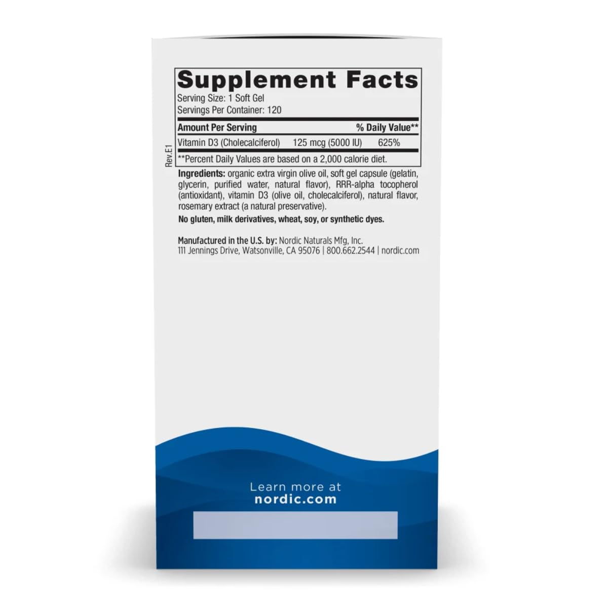 Supplement facts and packaging for Nordic Naturals Vitamin D3 5000 IU Orange