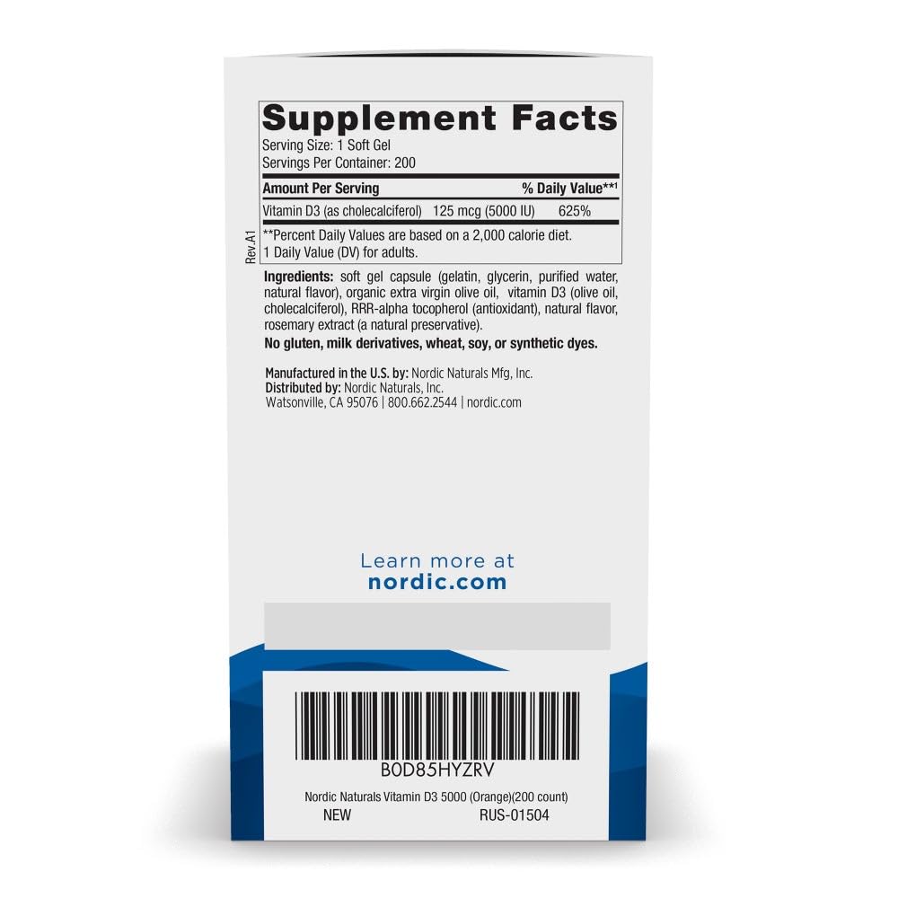 Product label for Nordic Naturals Vitamin D3 5000 IU Orange Mini Soft Gels