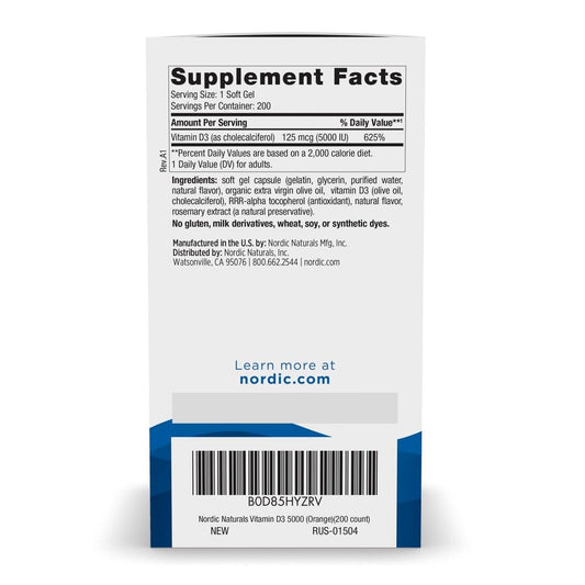 Product label for Nordic Naturals Vitamin D3 5000 IU Orange Mini Soft Gels