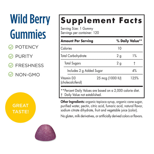 Product packaging for Nordic Naturals Vitamin D3 Gummies Sport Wild Berry