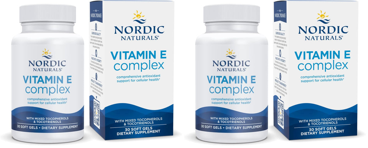 Nordic Naturals Vitamin E Complex unflavored bottle with 30 soft gels, pack of 2