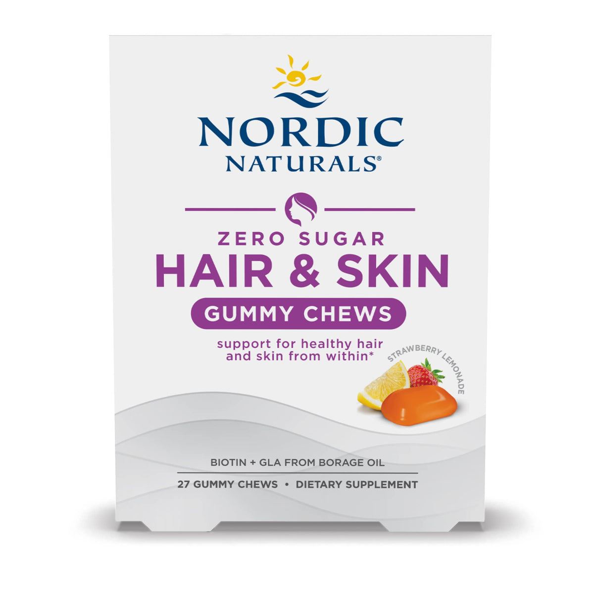 Nordic Naturals Zero Sugar Hair & Skin Gummy Chews Strawberry Lemonade flavor bottle
