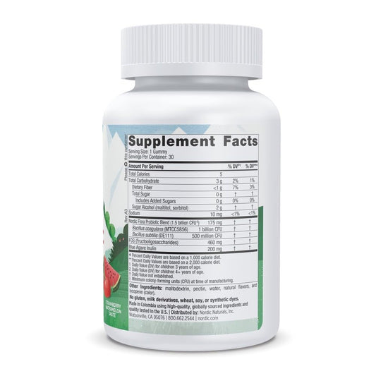 Close-up of Nordic Naturals Zero Sugar Kids Probiotic Gummies label on bottle