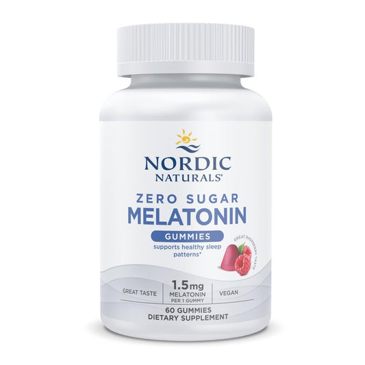 Bottle of Nordic Naturals Zero Sugar Melatonin Gummies Raspberry with 60 gummies and 1.5 mg per gummy