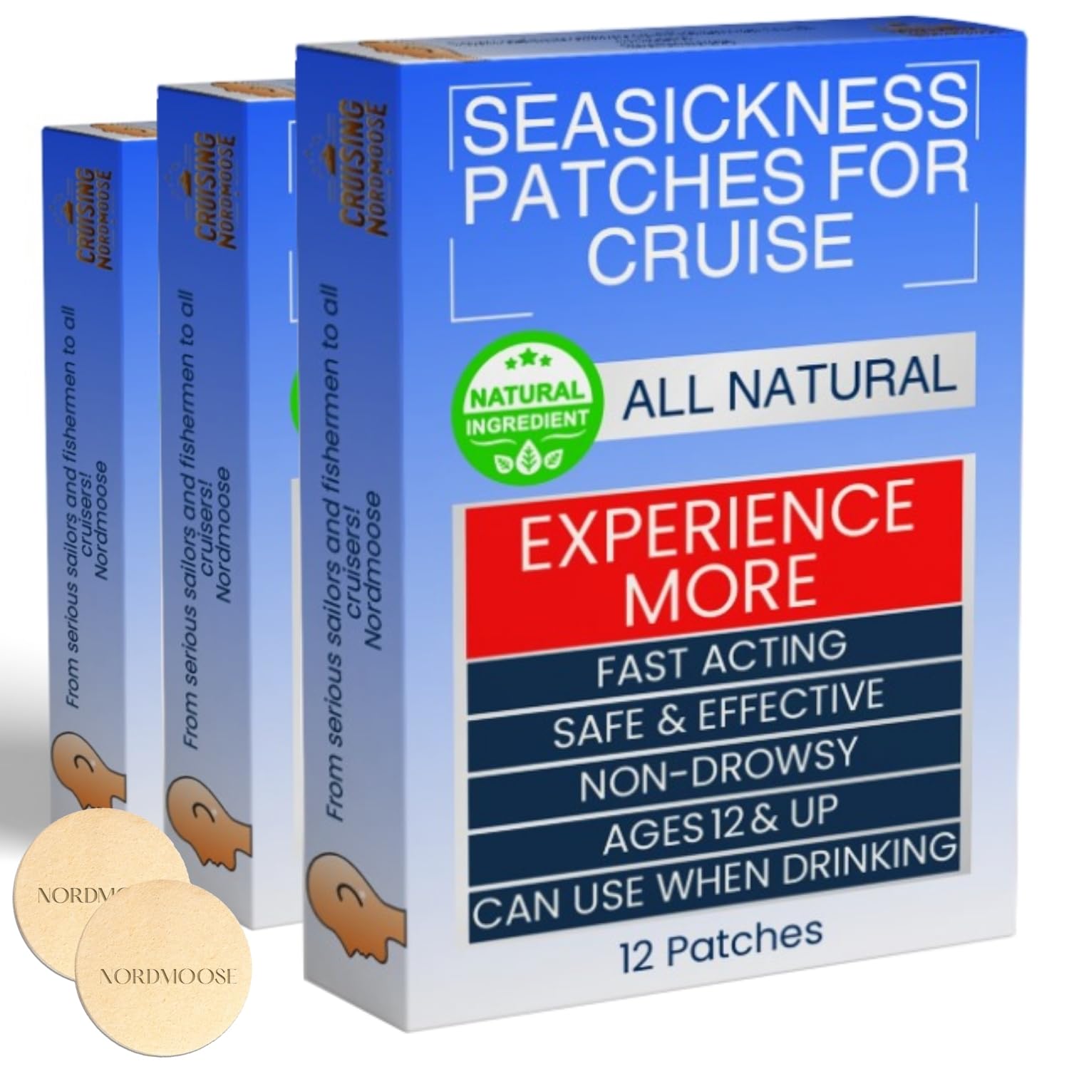 Nordmoose sea sickness patch behind-ear offers fast relief for cruising.