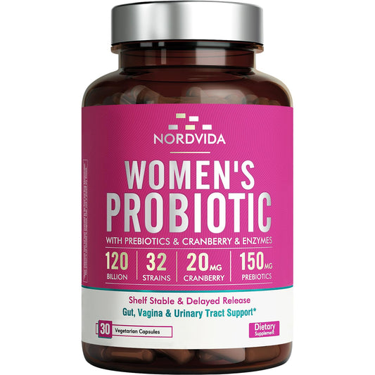 NordVida Women's Probiotic bottle with label showing 120B CFUs and 32 strains