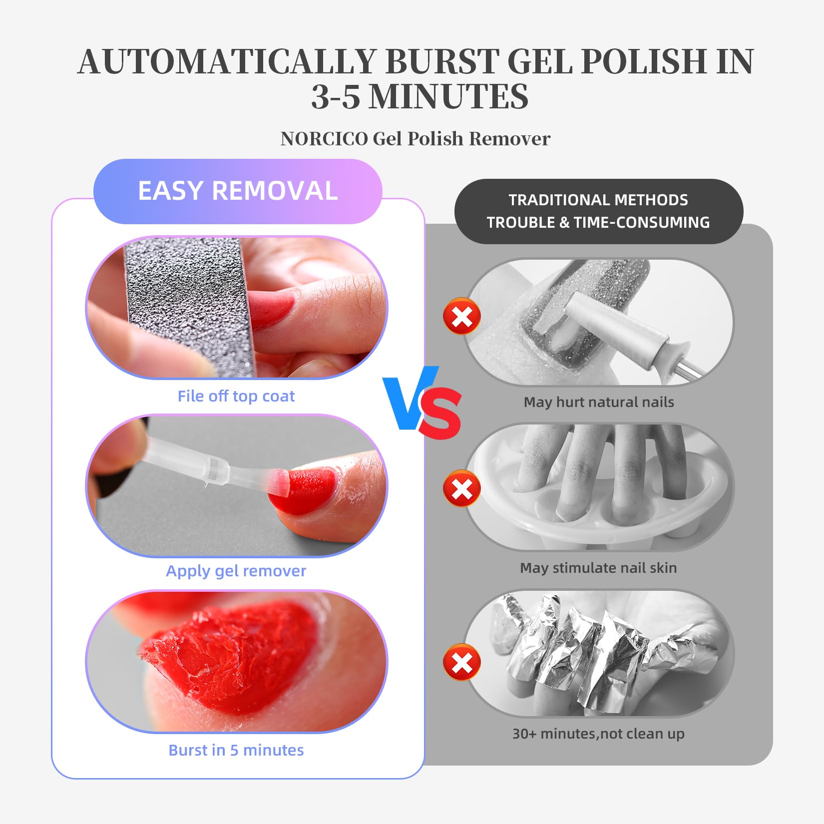 Gently scraping lifted gel with Norico remover for a clean finish.