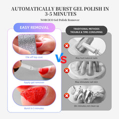 Gently scraping lifted gel with Norico remover for a clean finish.