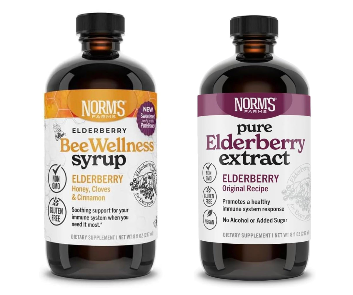 Two 8oz bottles bundle front view: Norm's Farms Elderberry Extract and BeeWellness Syrup