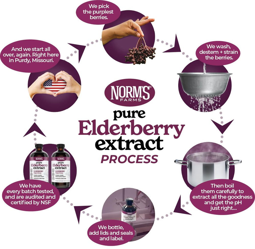Norm's Farms Elderberry Extract label closeup reveals clean production notes.