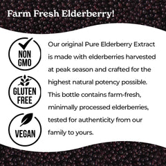 Two 8oz elderberry syrup bottles back view with nutrition info