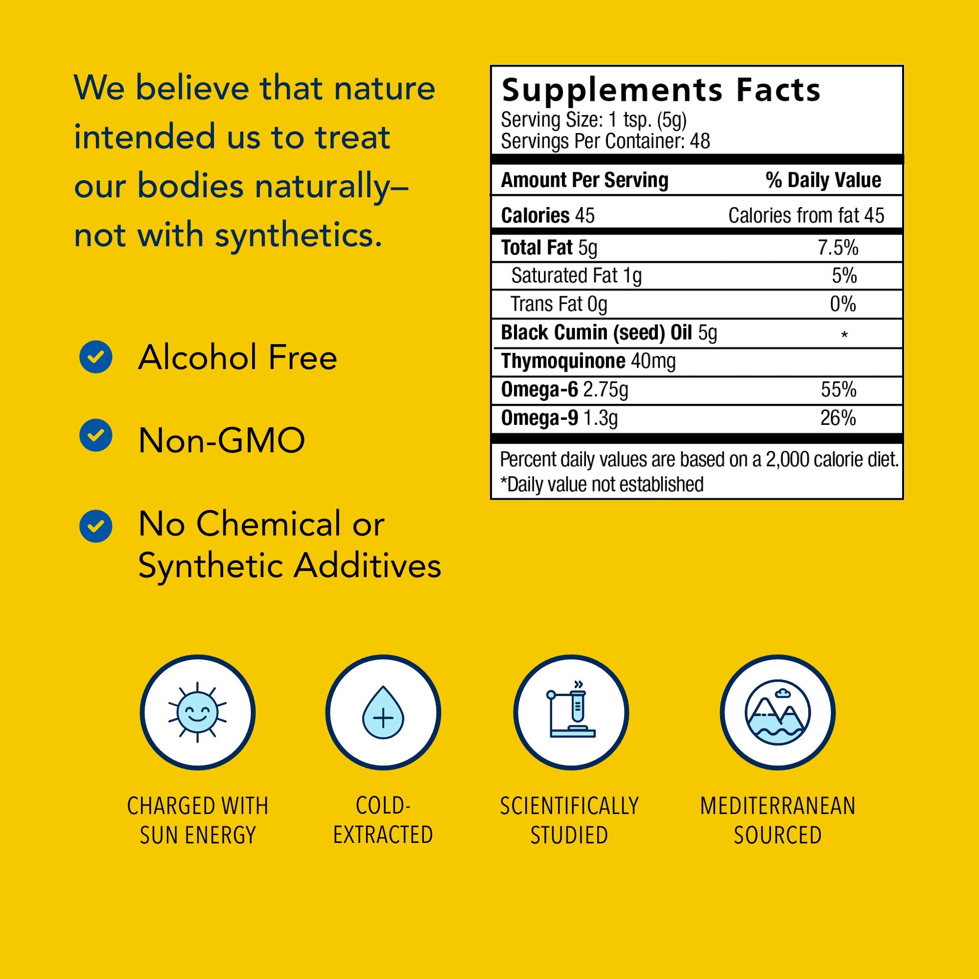Nutrition facts panel on Black Seed Oil label
