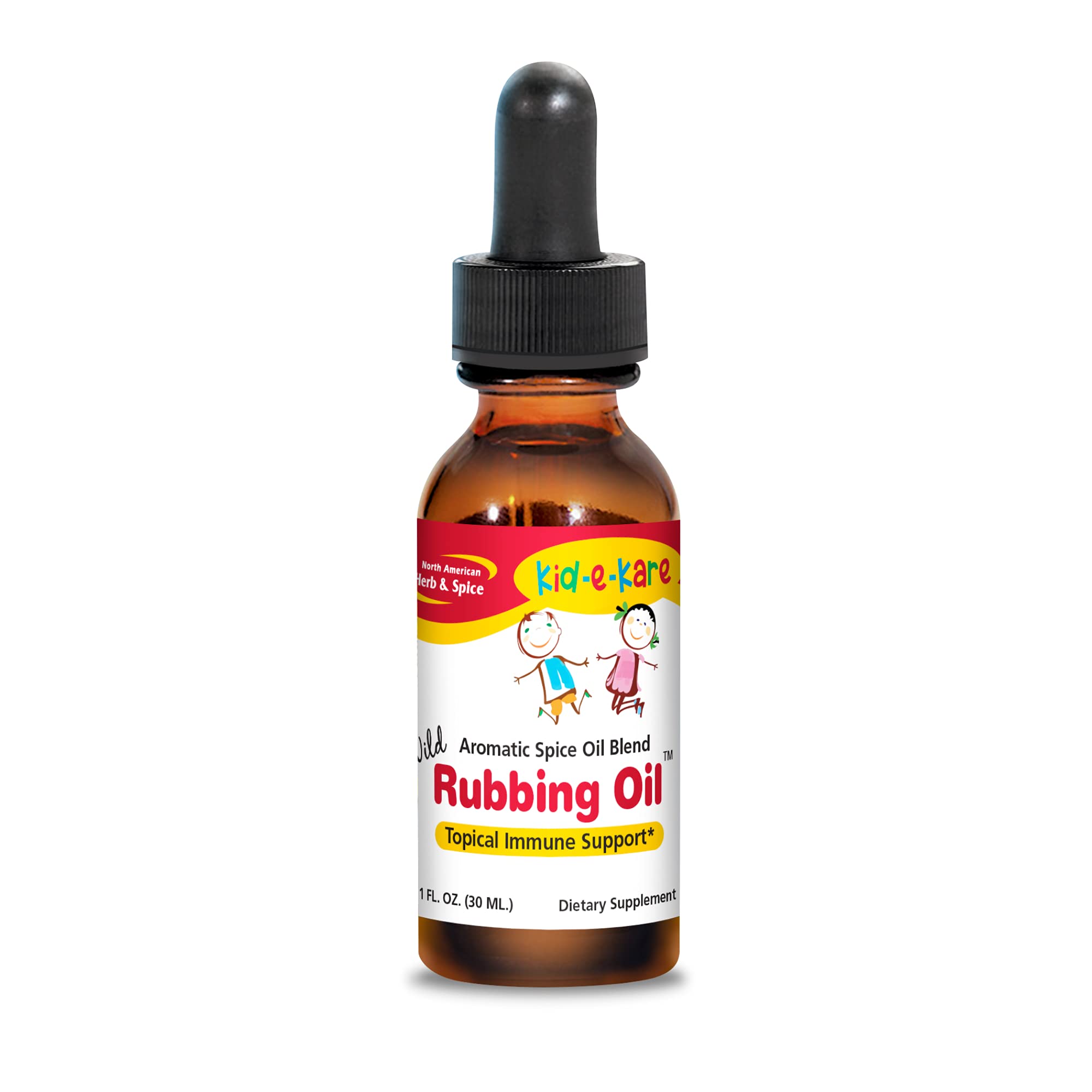 North American Herb & Spice Kid-e-kare rubbing oil bottle close-up for comforting topical use.
