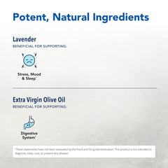 North American Herb & Spice Lavenol olive oil base highlights a simple, clean ingredient use