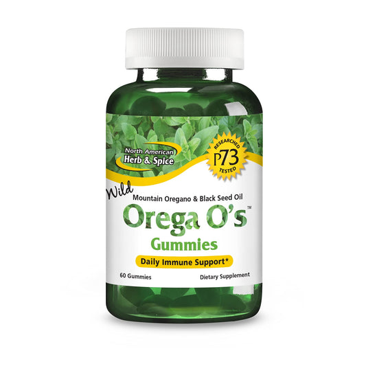 Bottle of North American Herb & Spice Orega O's gummies with wild oregano oil and black seed oil