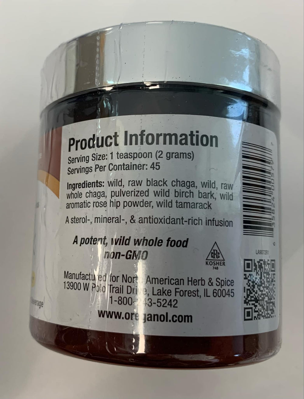 Back label on Chaga Black powder packaging