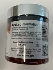 Back label on Chaga Black powder packaging