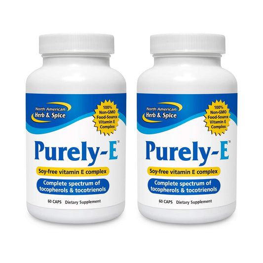 Front view of Purely-E two-pack box with 60 capsules per bottle