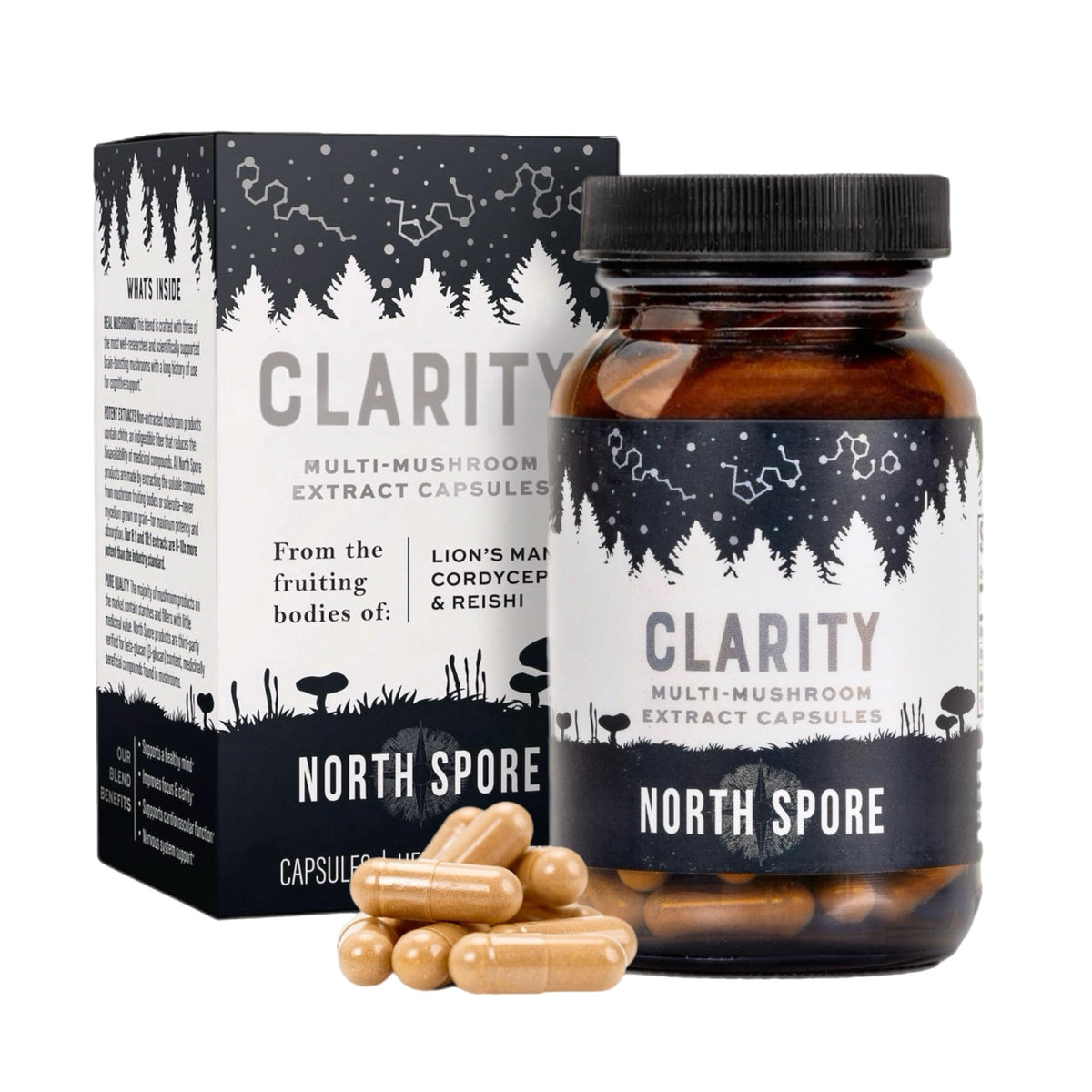 Bottle of North Spore Clarity Organic Mushroom Extract Capsules on white background