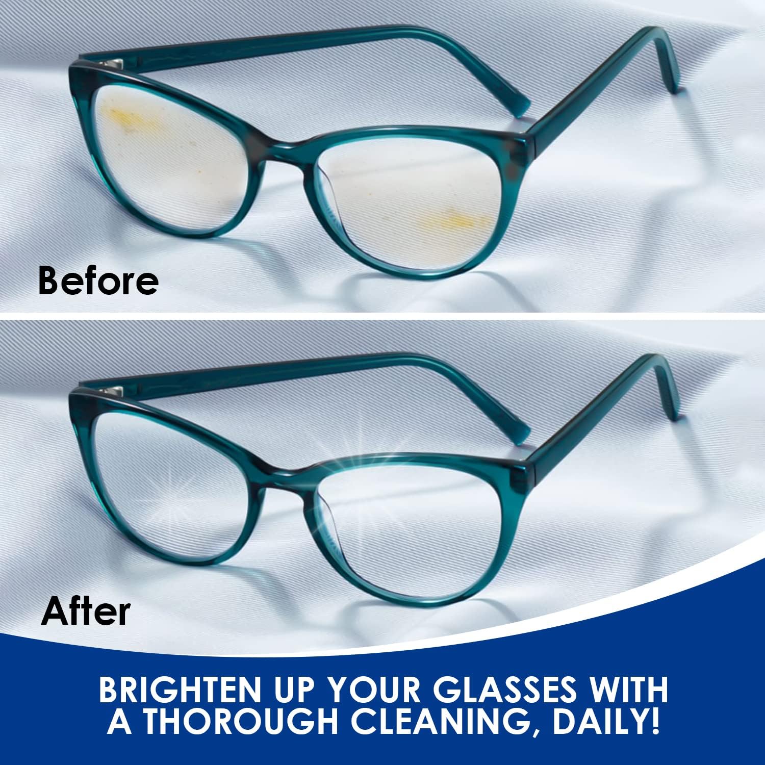 Eyeglasses prepared for cleaning with the solution
