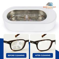 Eyeglasses being dipped in the cleaner solution