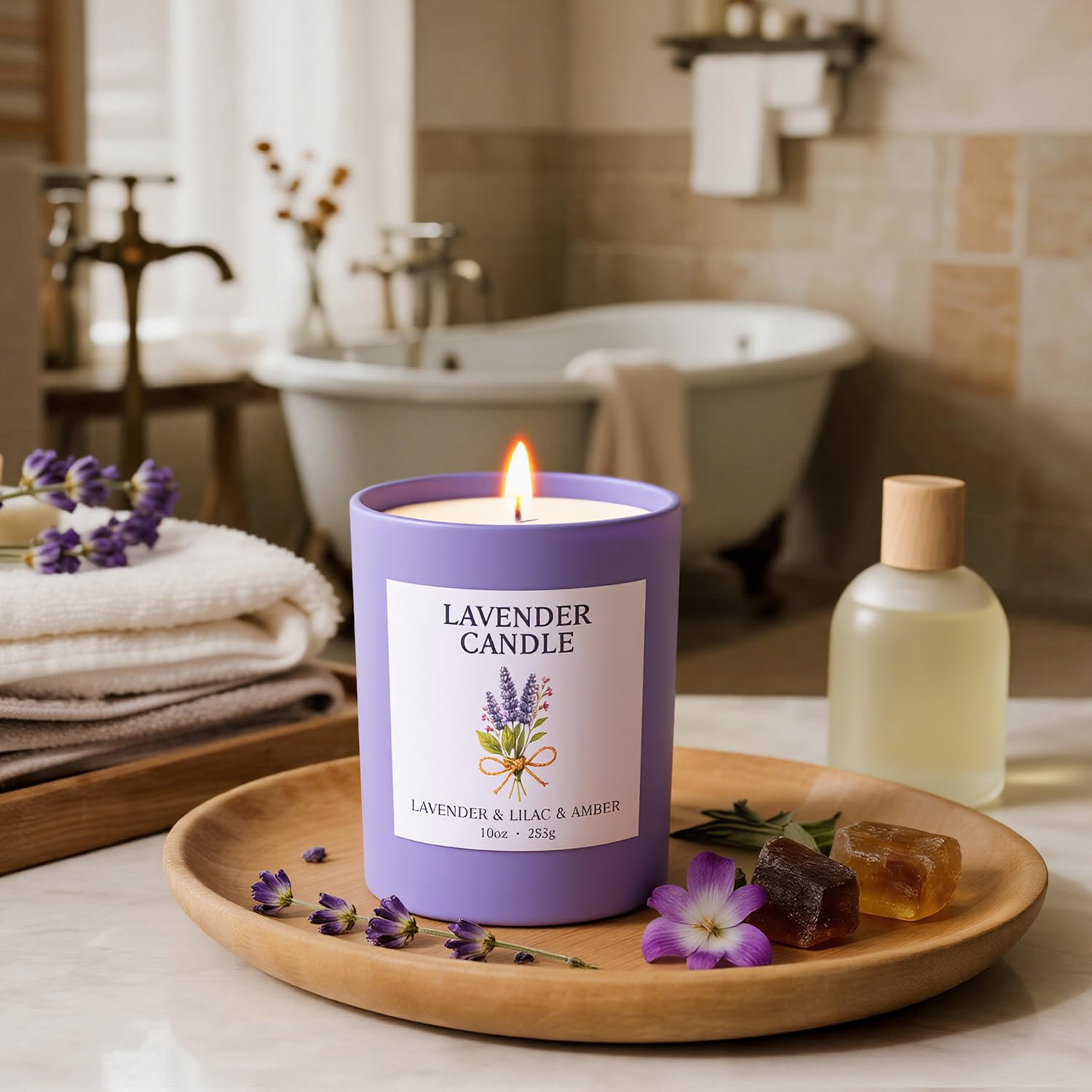 Elegant lavender-themed gift packaging for NORVENCE candle