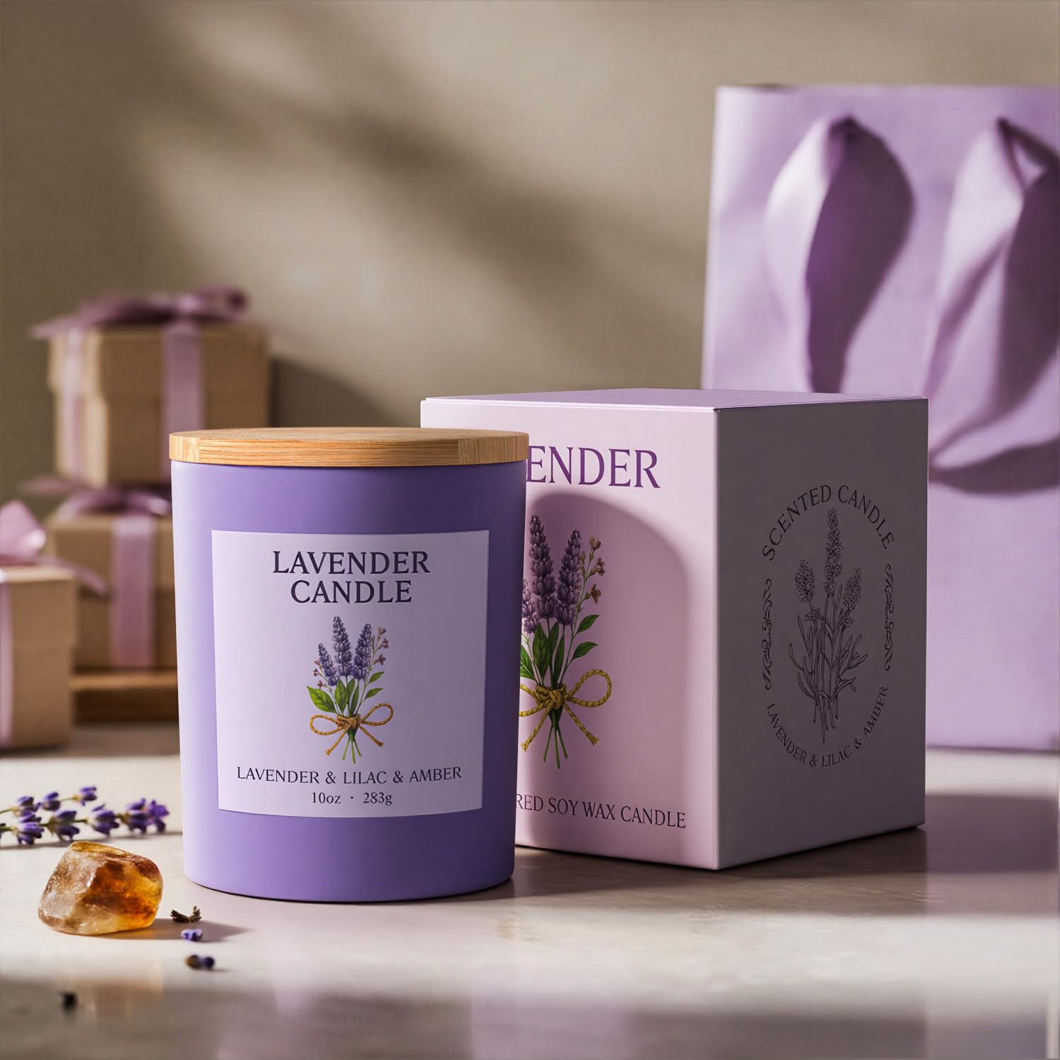 Home decor setting with NORVENCE Lavender Candle
