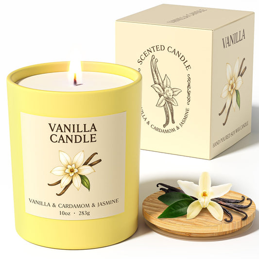 NORVENCE Vanilla Candle in pale yellow glass jar with bamboo lid