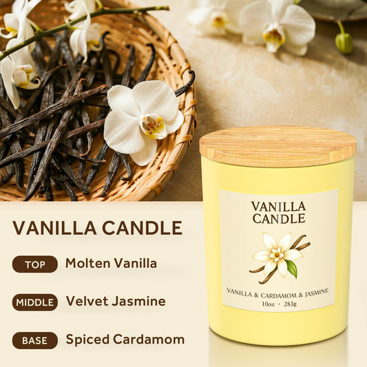 Close-up of NORVENCE vanilla candle label and bamboo lid
