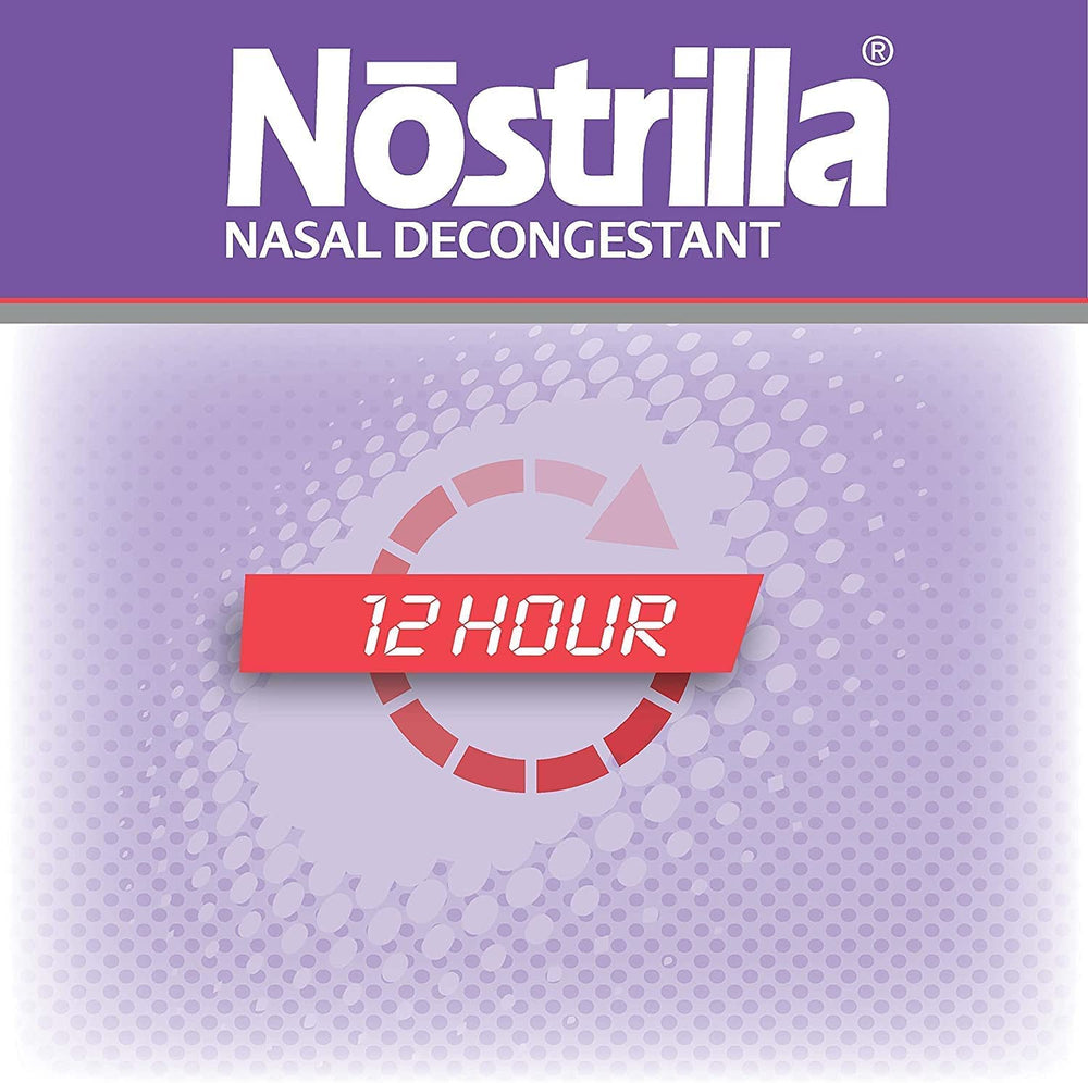 Nostrilla nasal decongestant spray label close-up with dosage info