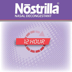 Nostrilla nasal decongestant spray label close-up with dosage info