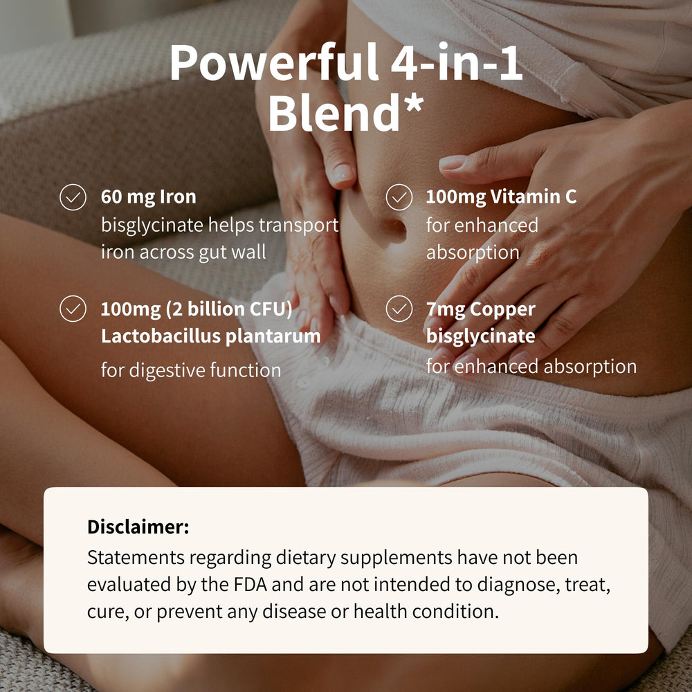 Ingredient list highlighting iron bisglycinate and Lactobacillus plantarum