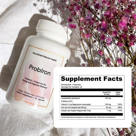 ProbIron product label showing vegan iron probiotic formula