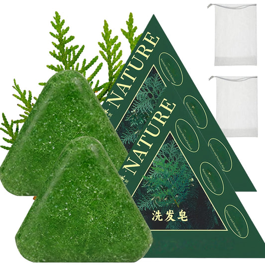 NovaCharm Seven Green triangle shampoo bar held in hand for easy daily cleansing.