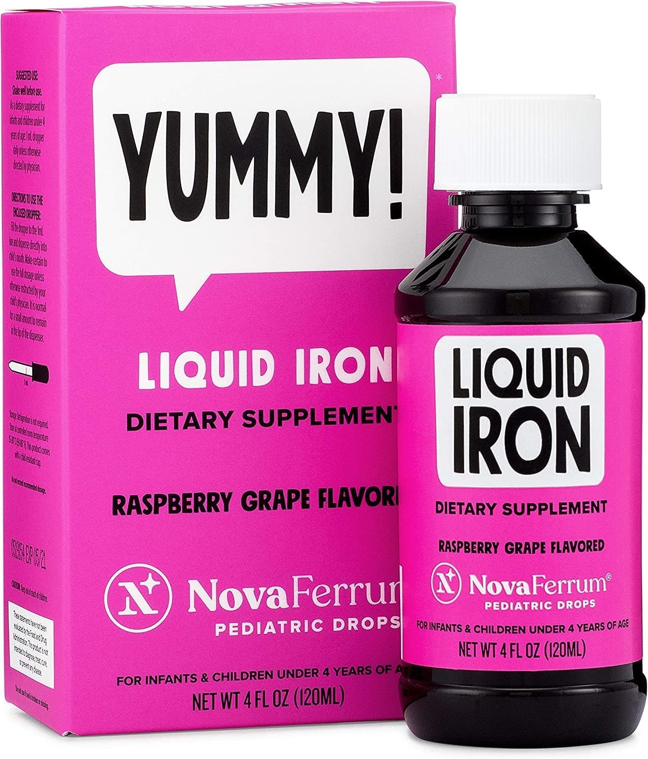 NovaFerrum Yummy Raspberry Liquid Iron Drops bottle for infants and toddlers