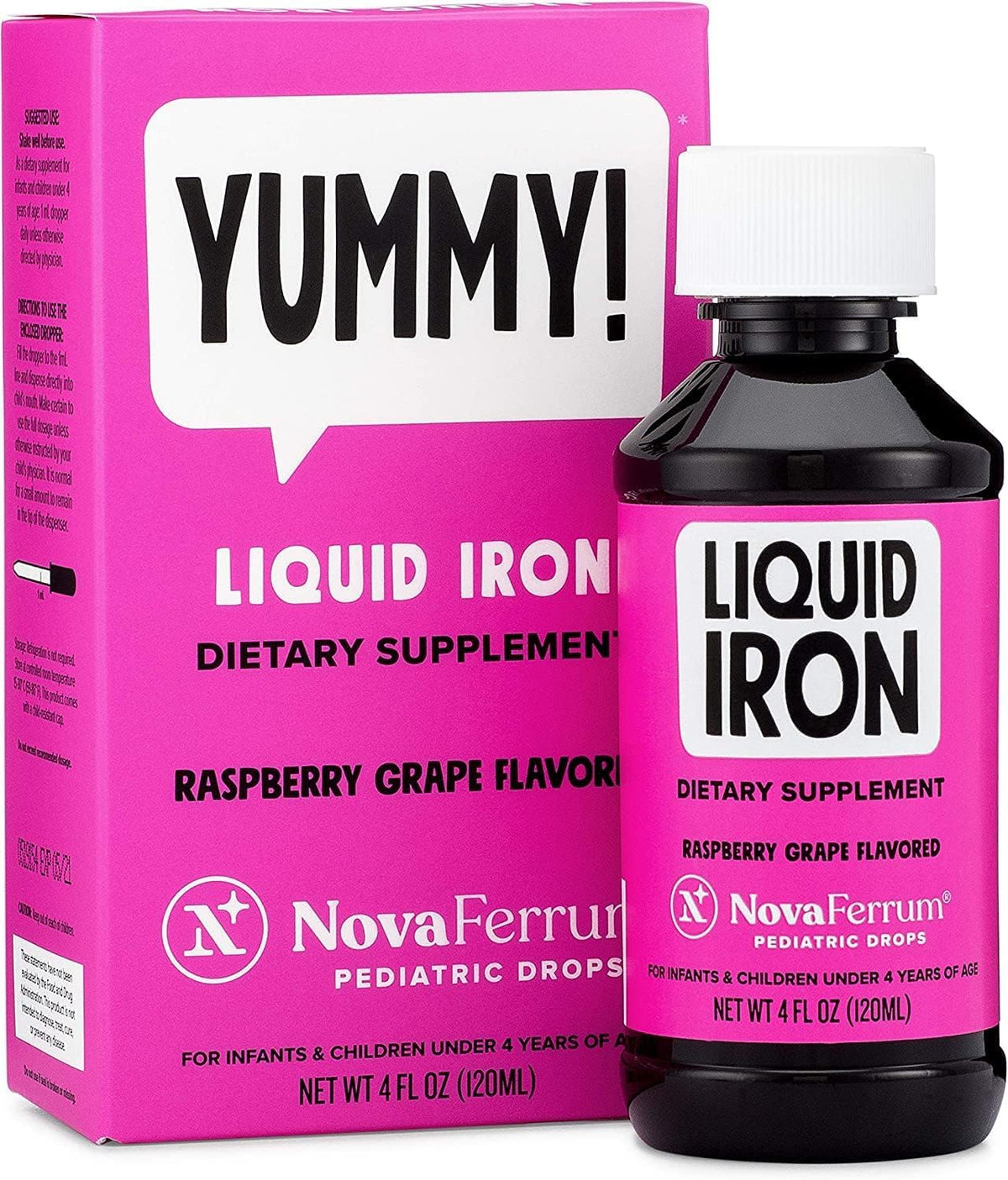 NovaFerrum Yummy Raspberry Liquid Iron Drops bottle for infants and toddlers