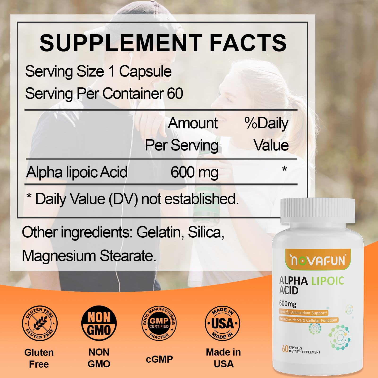 Close-up of Novafun ALA 600mg bottle