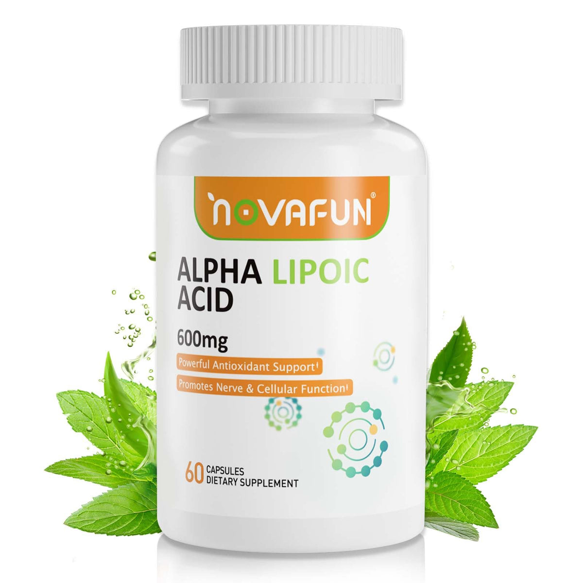 Front view of Novafun Alpha-Lipoic Acid 600mg capsules bottle