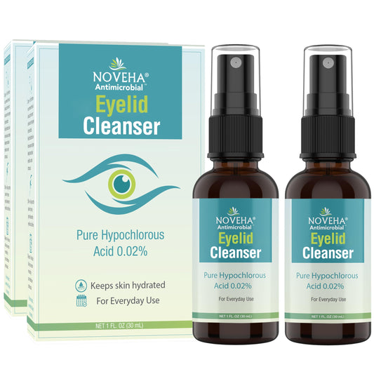 NOVEHA Eyelid Cleanser bottle closeup showing gentle daily eye care.