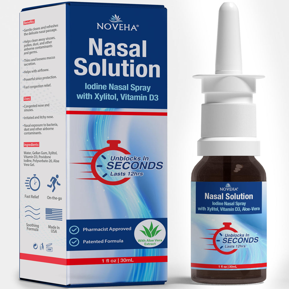 NOVEHA iodine nasal spray bottle closeup for clean, refreshed nasal passages