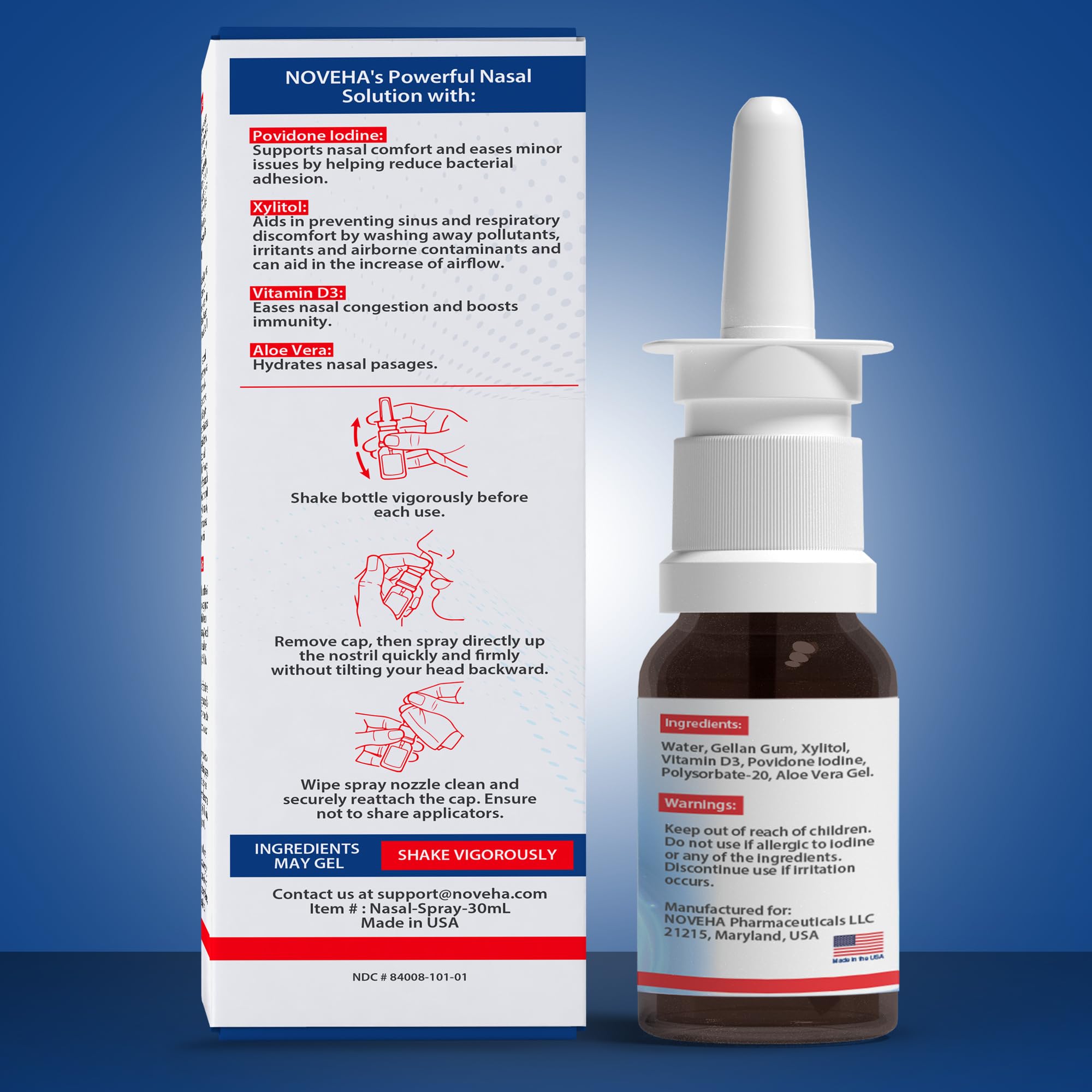 NOVEHA iodine nasal spray povidone-iodine component shown for nasal cleansing