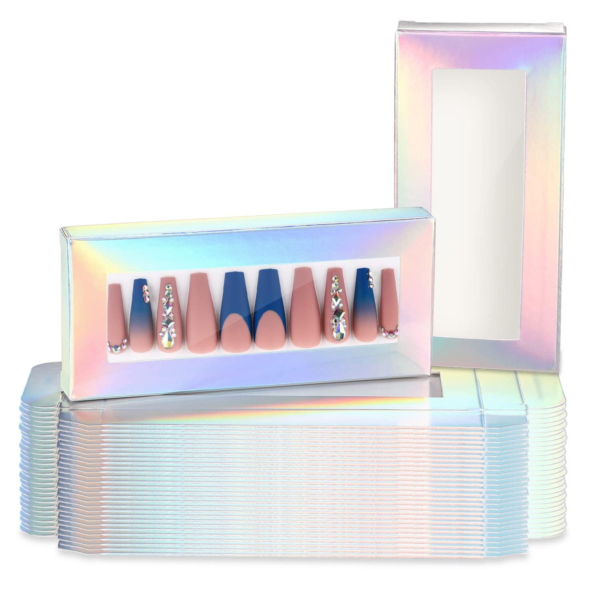 Noverlife nail packaging box with holographic window highlights nail designs.