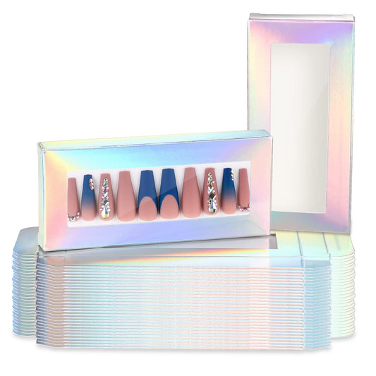 Noverlife nail packaging box with holographic window highlights nail designs.