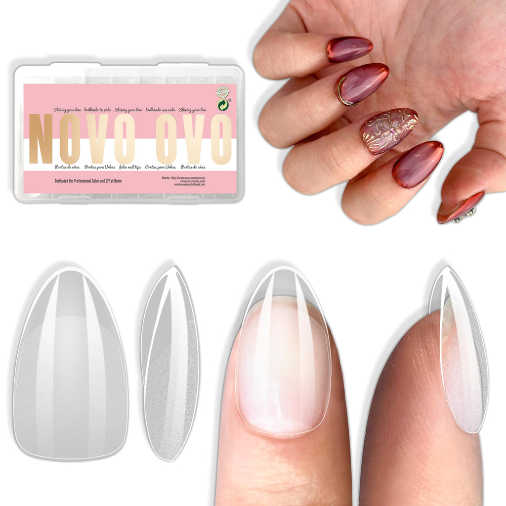 NOVO OVO short almond nail tips pack shown for durable full-cover manicure.