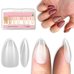 NOVO OVO short almond nail tips pack shown for durable full-cover manicure.