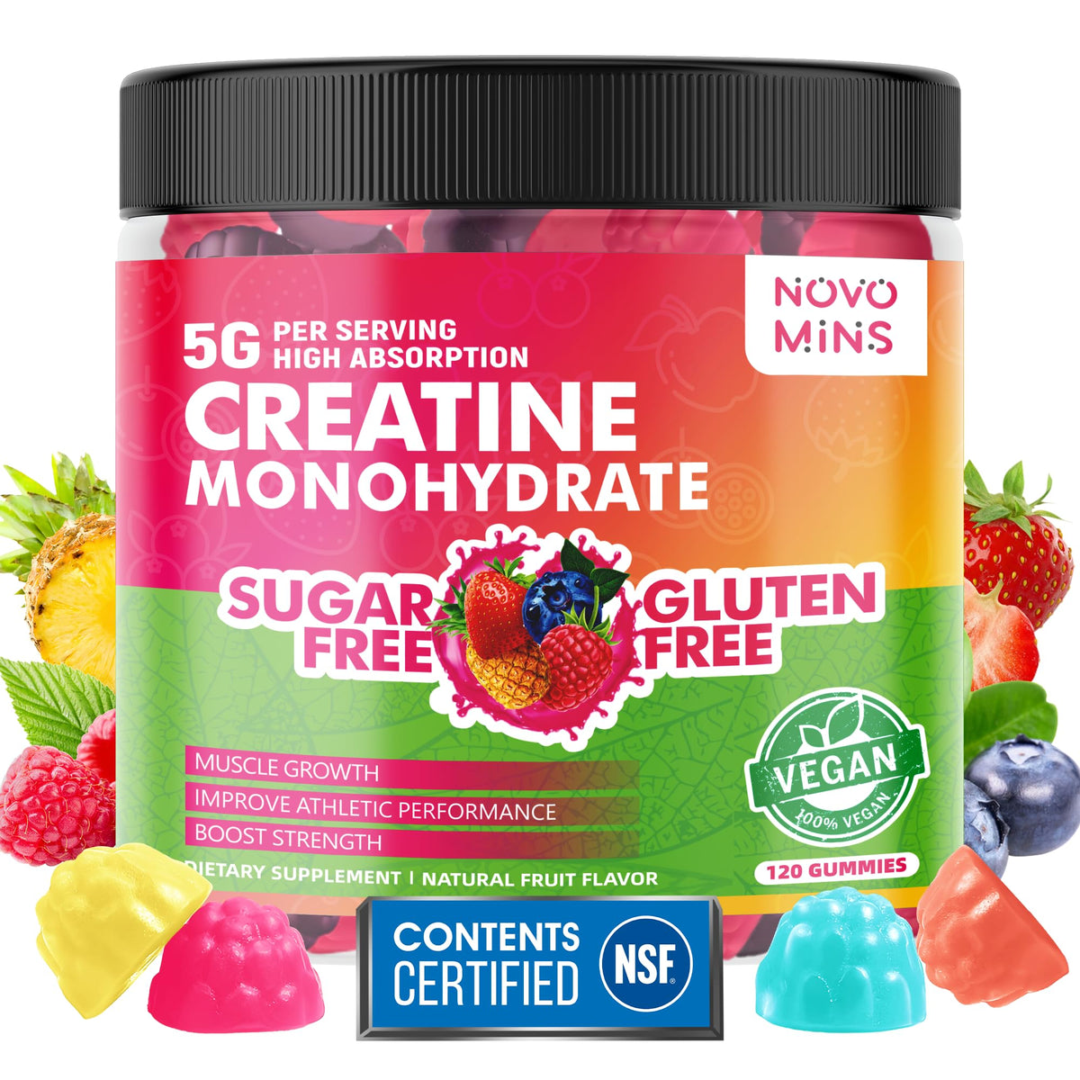 Front view of novomins Creatine Monohydrate Gummies bottle