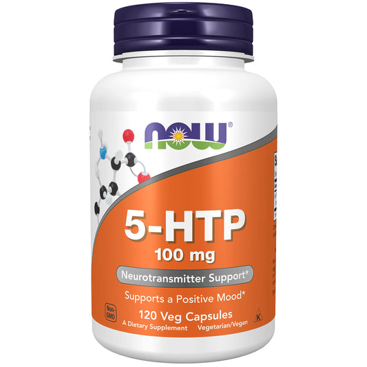NOW Foods 5-HTP 100 mg bottle with 2-pack and 120 vegan capsules