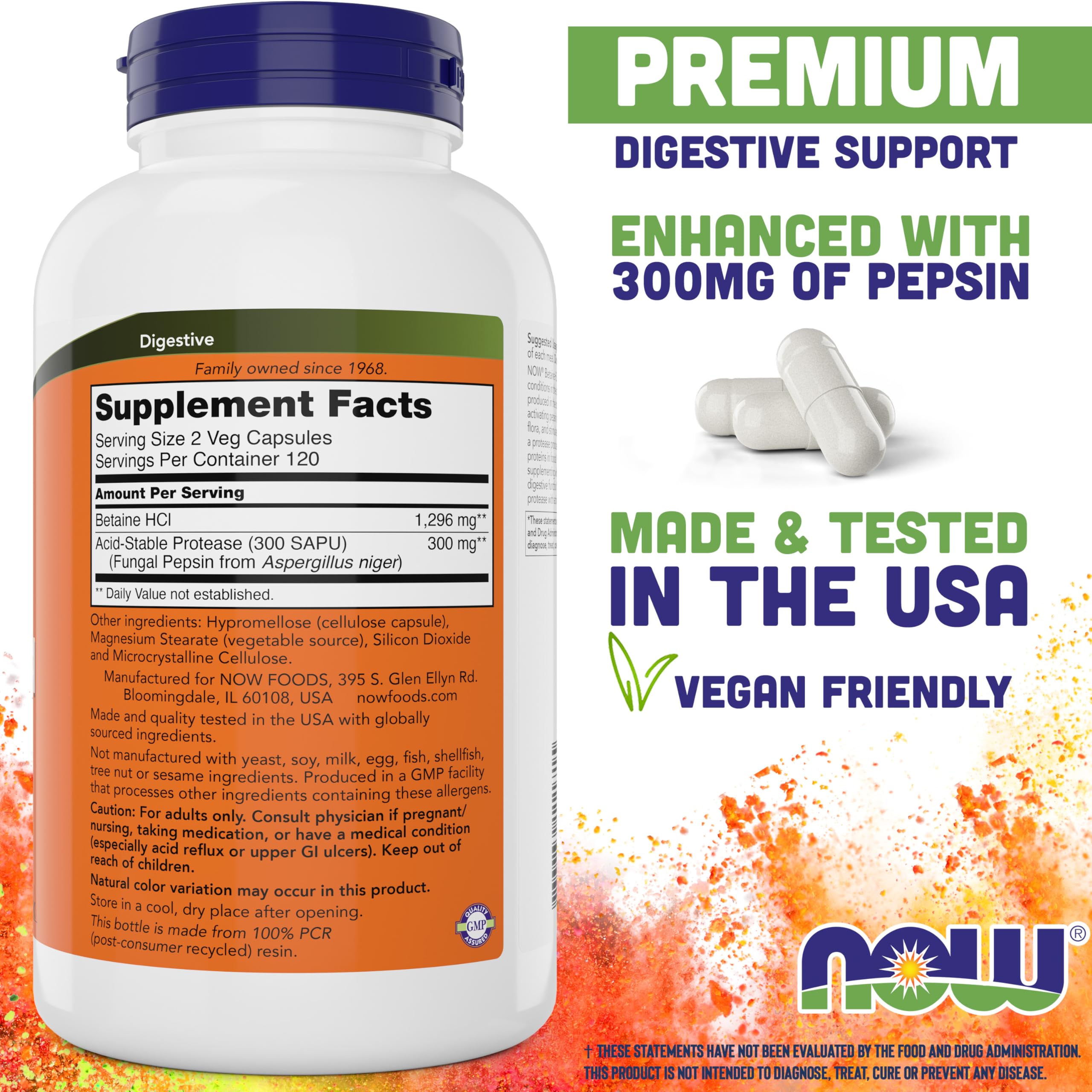 Close-up of NOW Betaine HCl 648 mg bottle and capsules