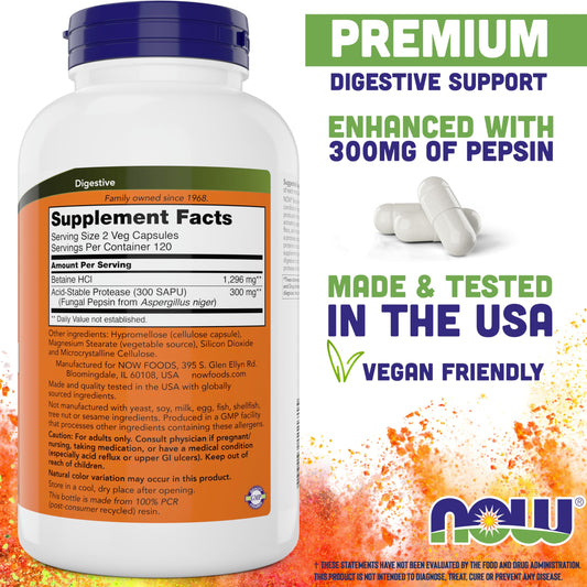 Close-up of NOW Betaine HCl 648 mg bottle and capsules