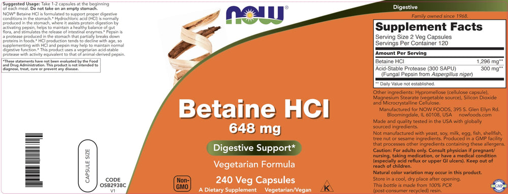 Serving size information on NOW Betaine HCl bottle